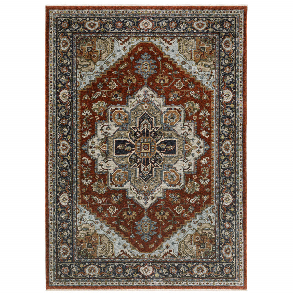 6 X 9 Blue Beige grey gold green And Rust Red Oriental Power Loom Stain Resistant Area Rug With Fringe