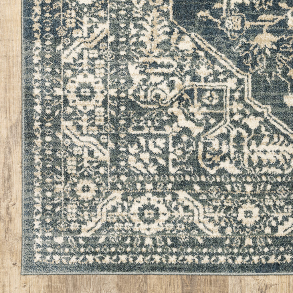 10 X 13 Beige grey And Blue Oriental Power Loom Stain Resistant Area Rug
