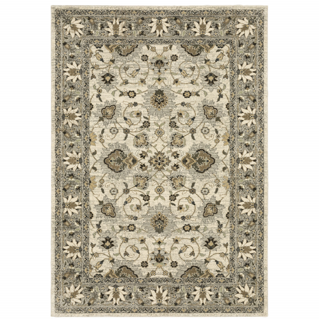 10 X 13 Beige grey Brown And charcoal Oriental Power Loom Stain Resistant Area Rug