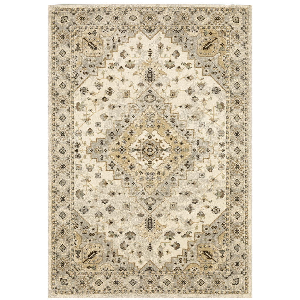 8 X 11 Beige grey Tan And Brown Oriental Power Loom Stain Resistant Area Rug