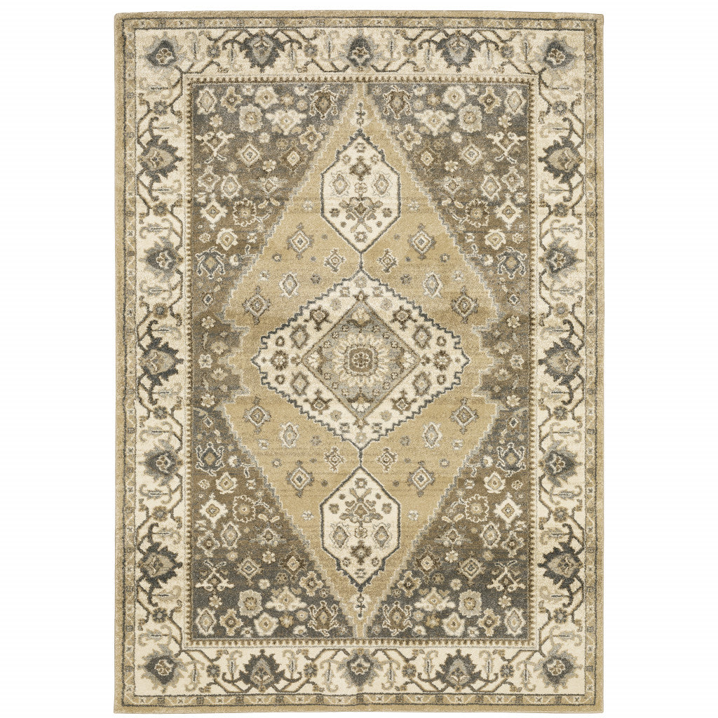 10 X 13 Beige grey Tan And charcoal Oriental Power Loom Stain Resistant Area Rug