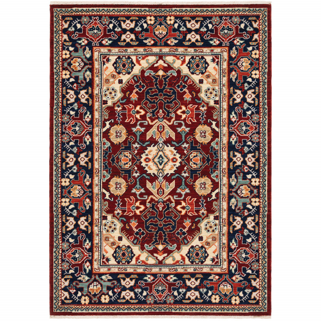 5 X 8 Red Blue Orange And Beige Oriental Power Loom Stain Resistant Area Rug With Fringe