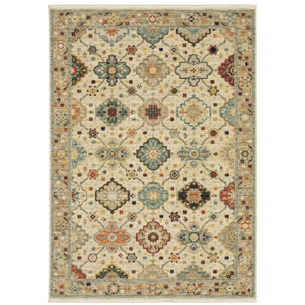 10 X 13 Beige Pale Blue Rust gold Tan Brown And Orange Oriental Power Loom Stain Resistant Area Rug With Fringe