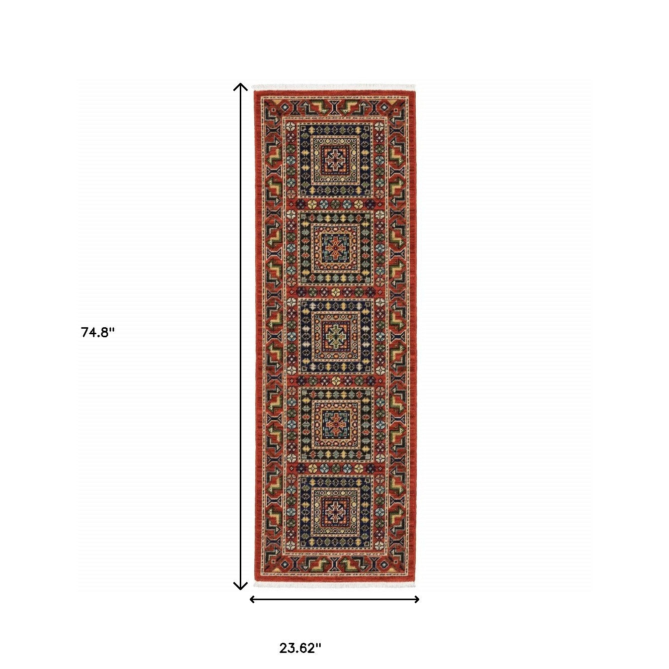 2 X 6 Red Blue Beige And green Oriental Power Loom Stain Resistant Runner Rug With Fringe