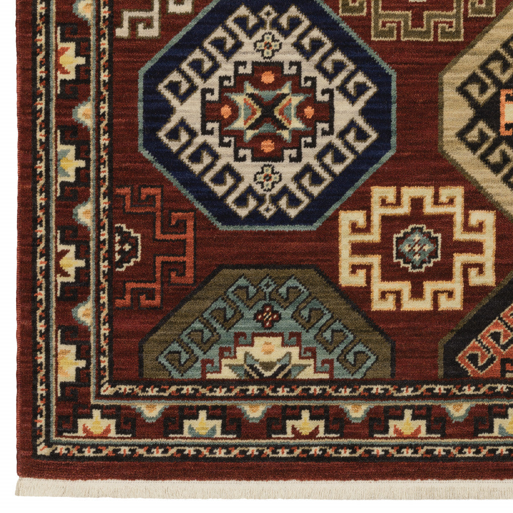 5 X 8 Red Blue Brown And Beige Oriental Power Loom Stain Resistant Area Rug With Fringe