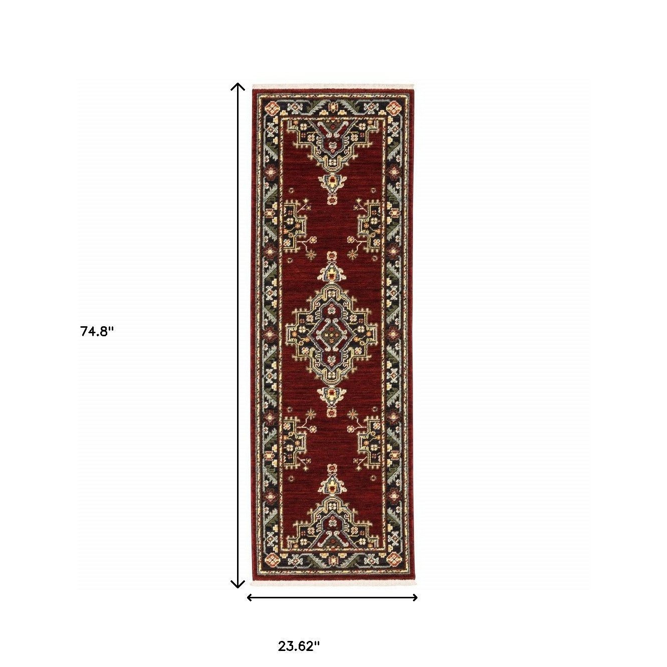 2 X 6 Red Black Beige And Blue Oriental Power Loom Stain Resistant Runner Rug With Fringe