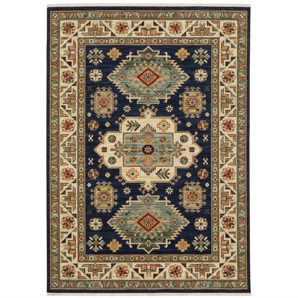 10 X 13 Navy charcoal Orange Rust gold Pale Blue Olive Beige And Salmon Oriental Power Loom Stain Resistant Area Rug With Fringe