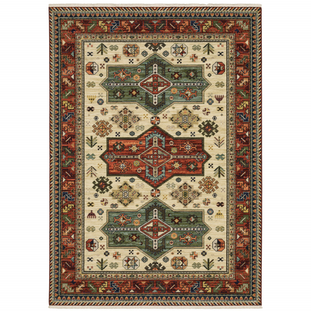 8 X 11 Brick Red Orange Rust Beige gold Pale Blue Olive Navy And Black Oriental Power Loom Stain Resistant Area Rug With Fringe