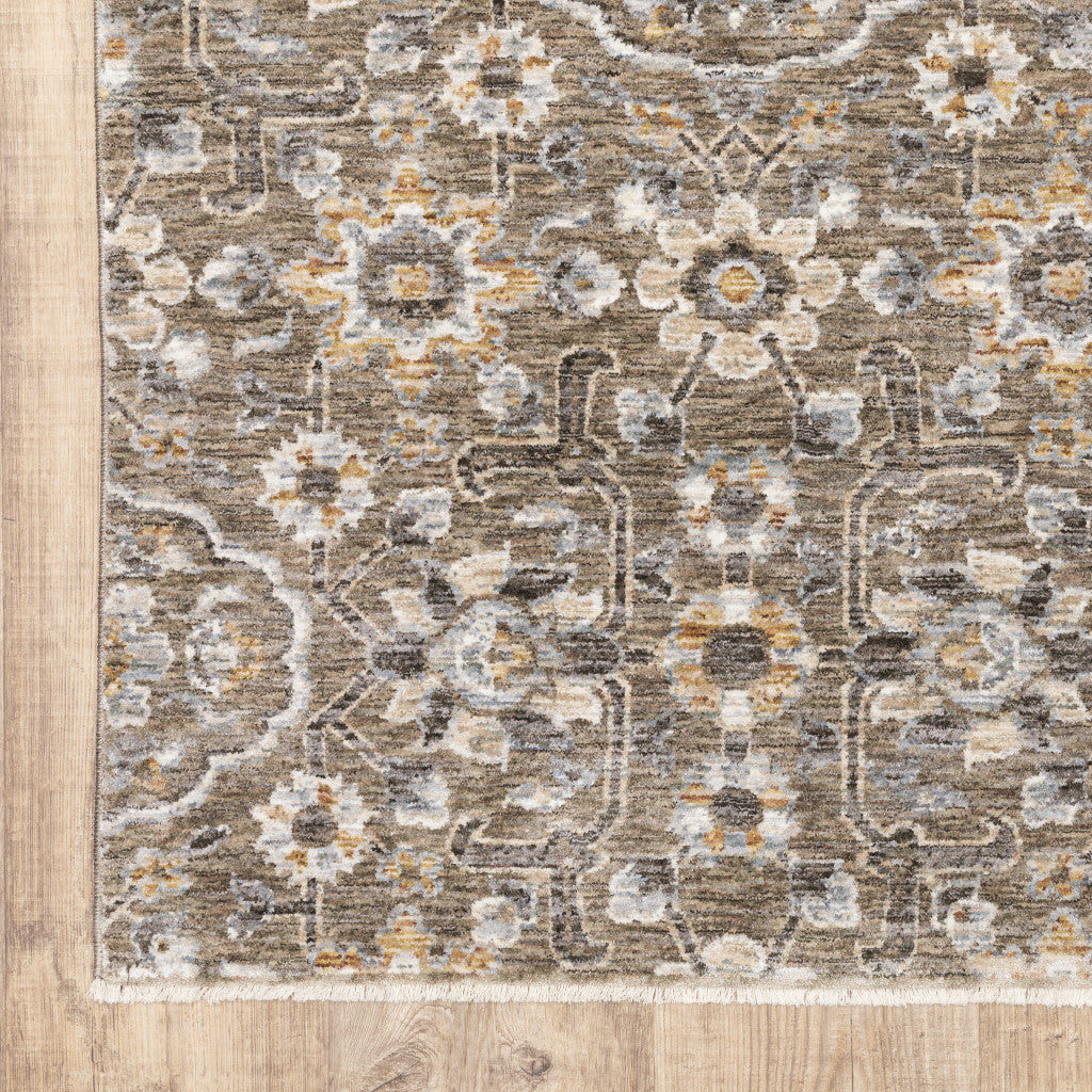 3 X 5 grey And Tan Floral Power Loom Stain Resistant Area Rug With Fringe
