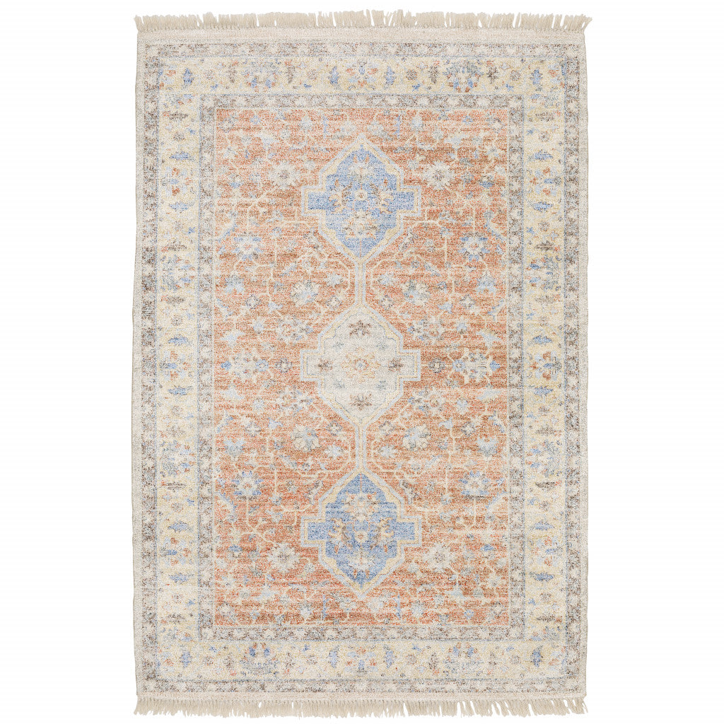 10 X 13 Orange And Blue Oriental Hand Loomed Stain Resistant Area Rug With Fringe