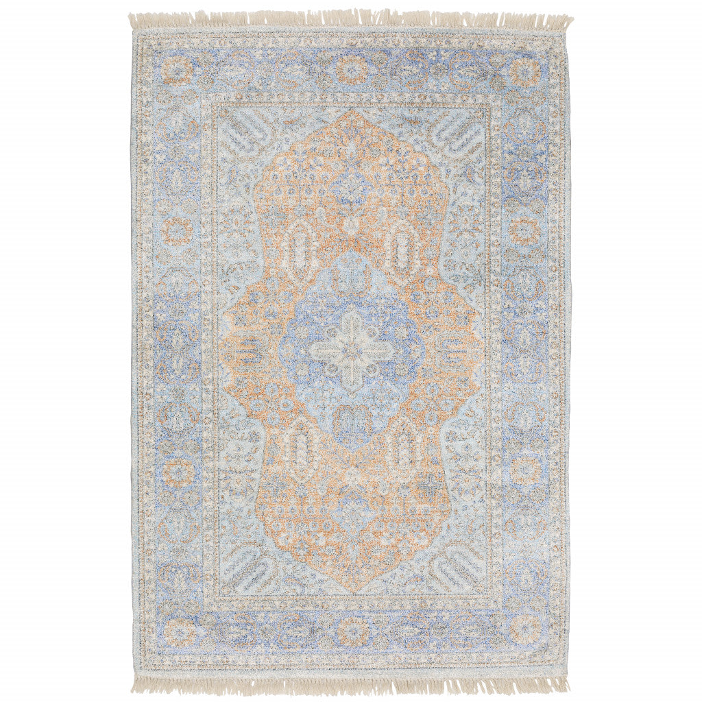 10 X 13 Blue And Red Oriental Hand Loomed Stain Resistant Area Rug With Fringe