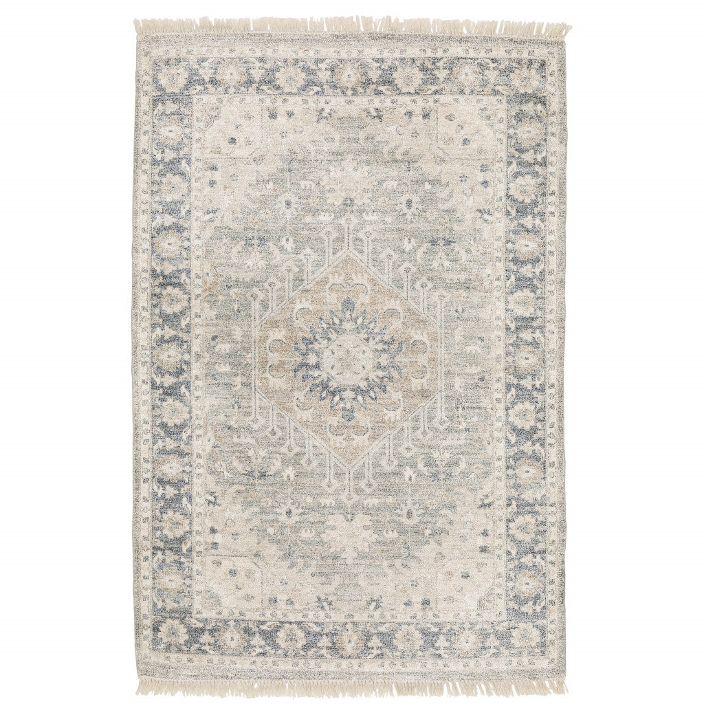 10 X 13 Beige And grey Oriental Hand Loomed Stain Resistant Area Rug With Fringe