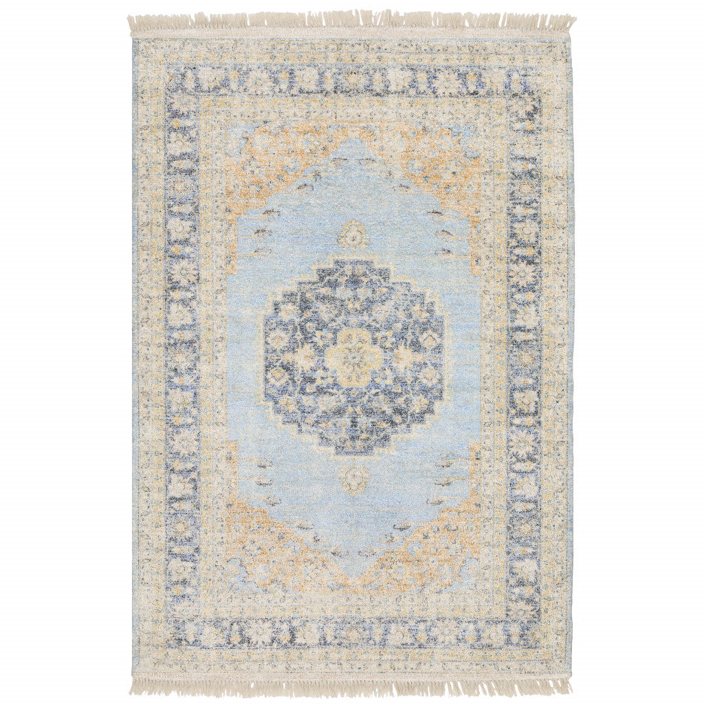 10 X 13 Blue And Beige Oriental Hand Loomed Stain Resistant Area Rug With Fringe