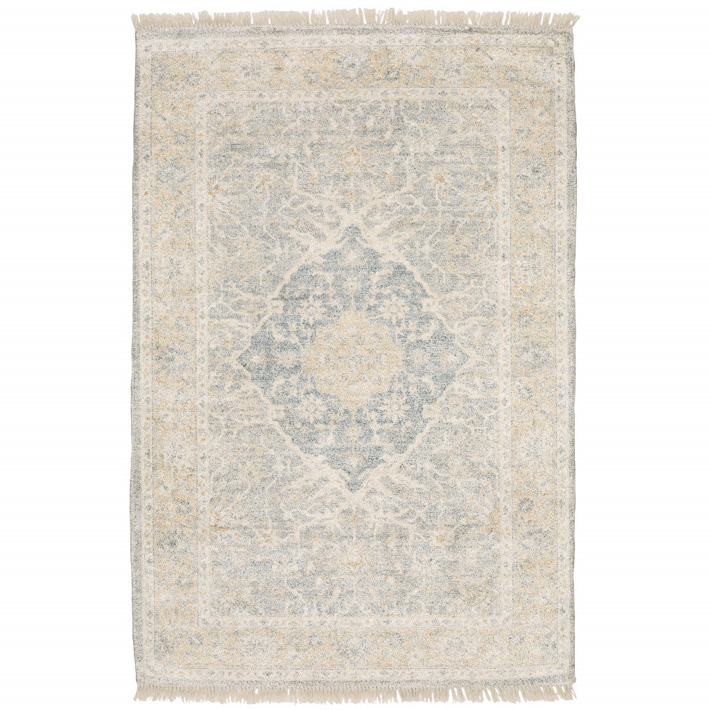 10 X 13 grey And Beige Oriental Hand Loomed Stain Resistant Area Rug With Fringe