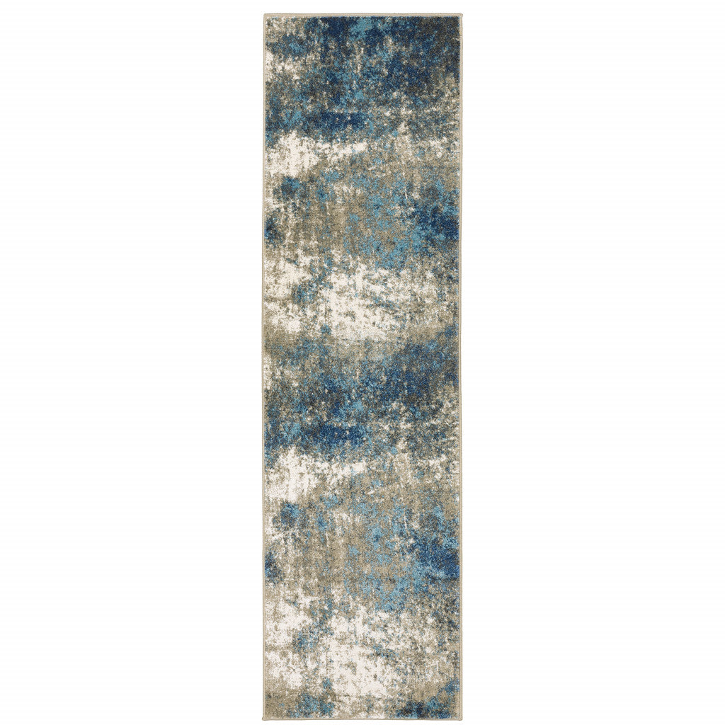 2 X 8 Blue grey And Beige Abstract Power Loom Stain Resistant Runner Rug