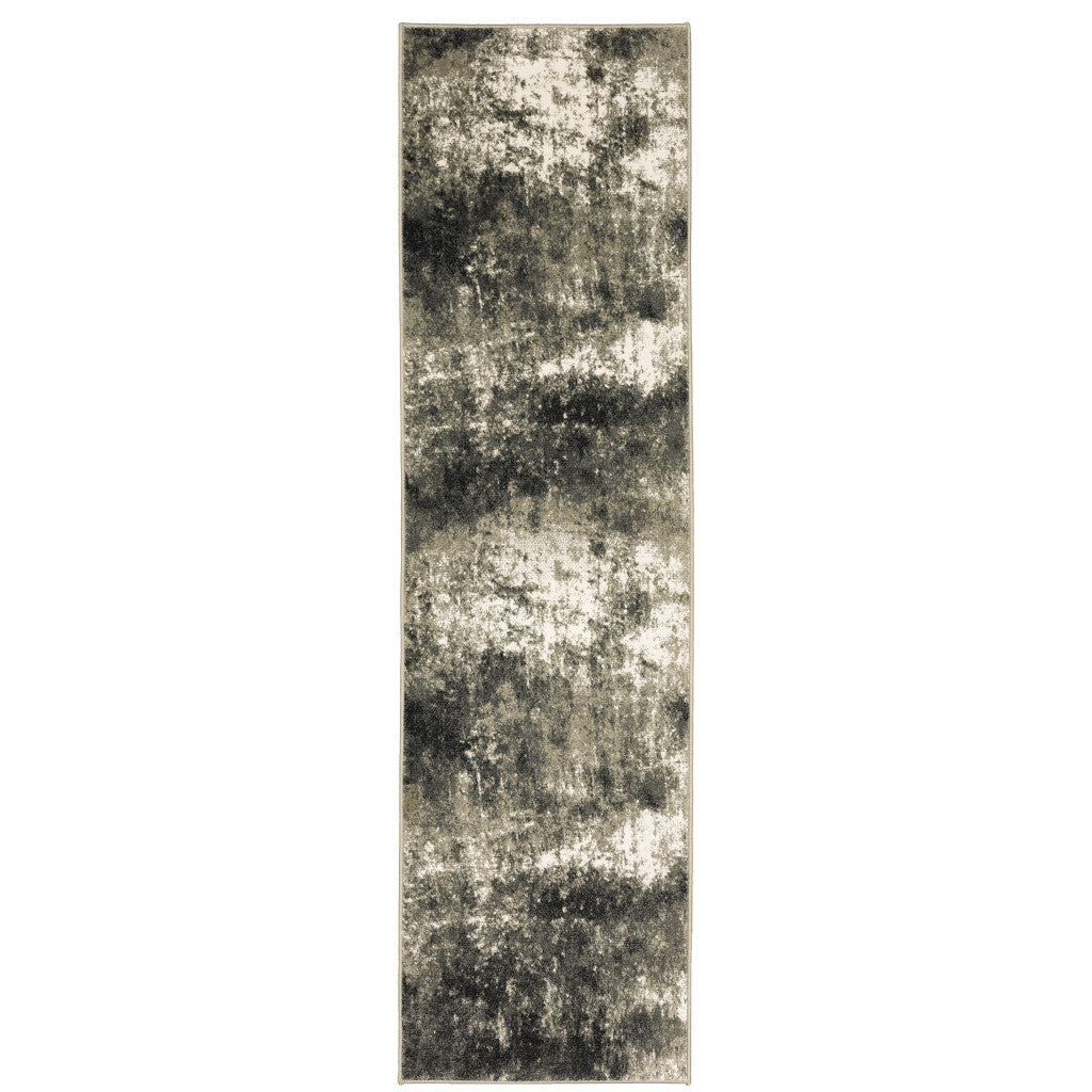 2 X 8 charcoal grey And Beige Abstract Power Loom Stain Resistant Runner Rug