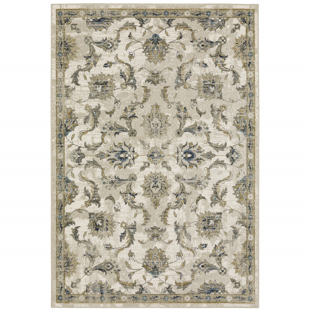 5 X 7 Beige gold Blue And grey Oriental Power Loom Stain Resistant Area Rug