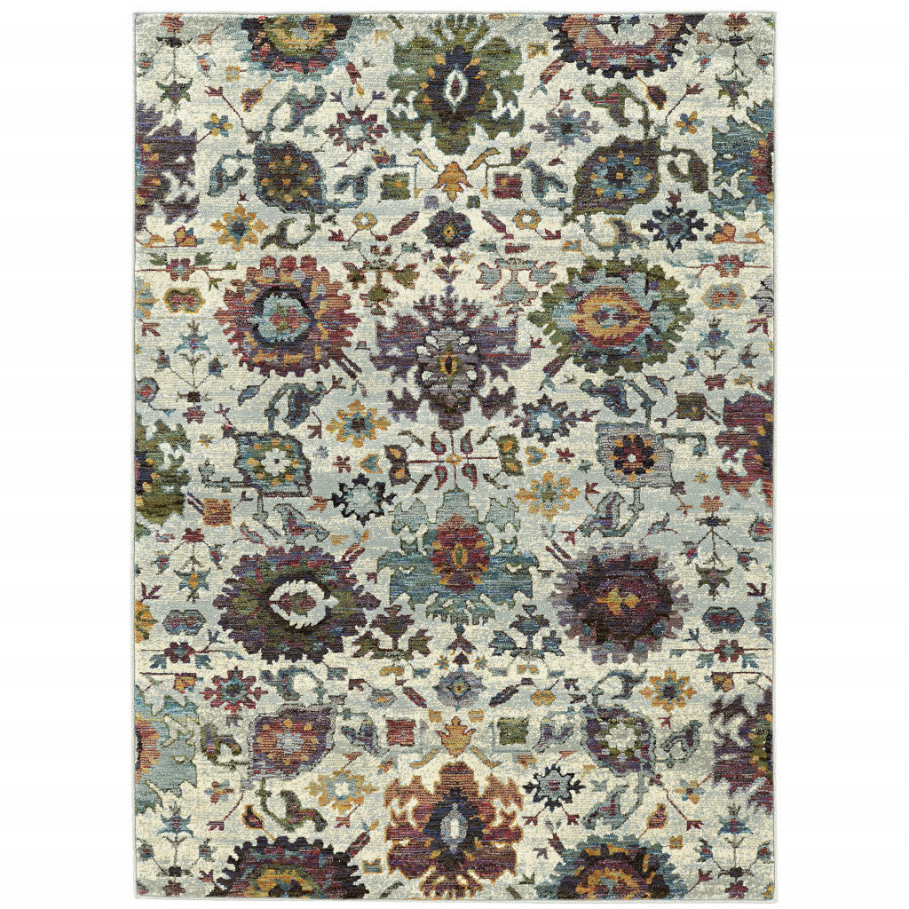6 X 9 Stone grey Purple green gold And Teal Oriental Power Loom Stain Resistant Area Rug