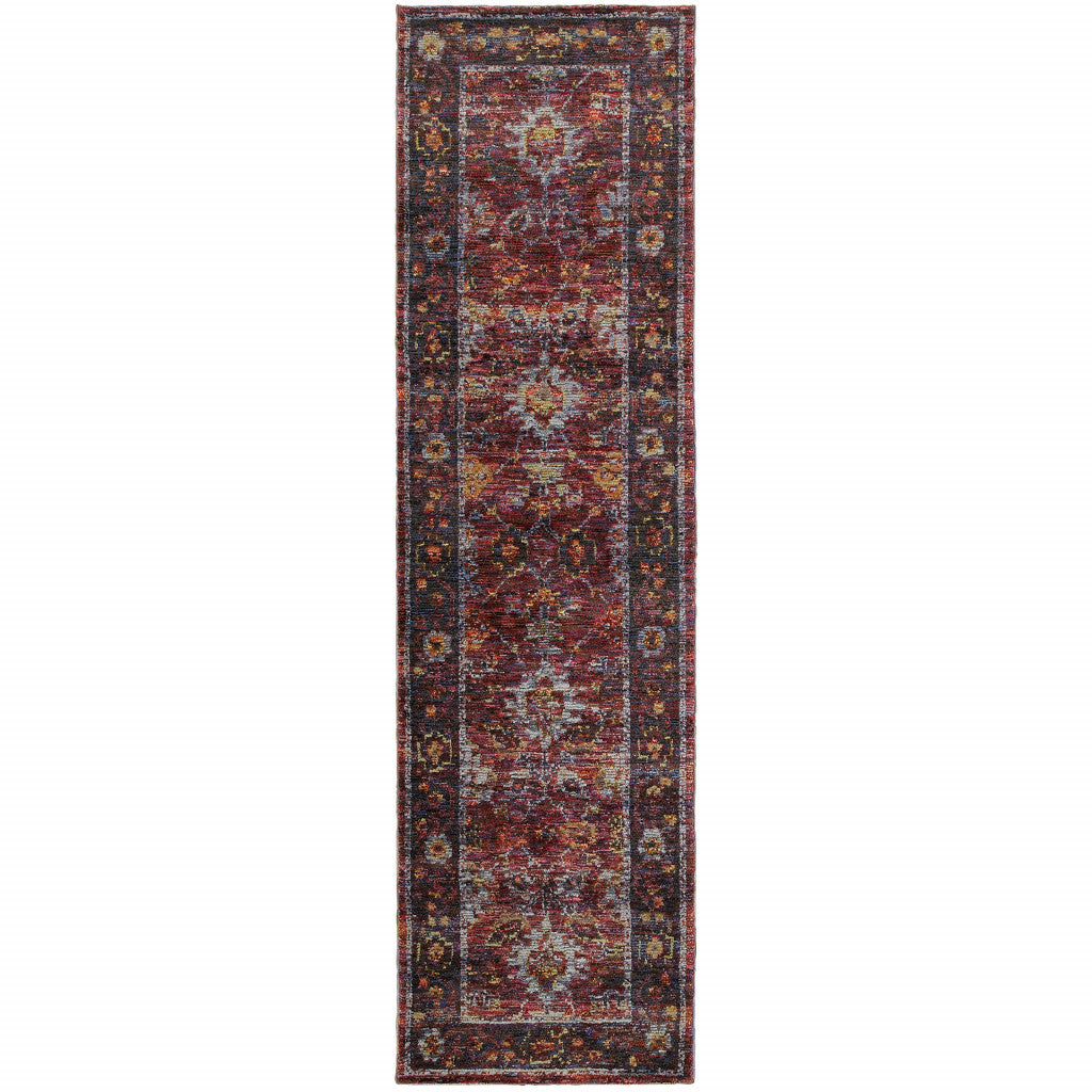 2 X 8 Red Purple gold And grey Oriental Power Loom Stain Resistant Runner Rug