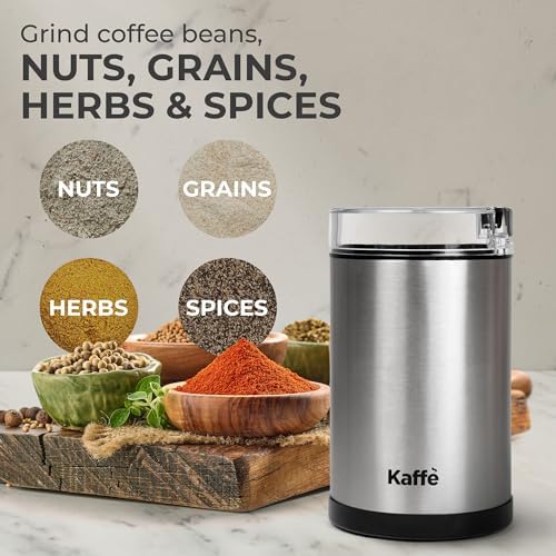 Kaffe One-Touch Coffee Grinder Electric W/Cleaning Brush (3 Oz) - Stainless Steel - Coffee Grinders For Home Use - Up To 12 Cups