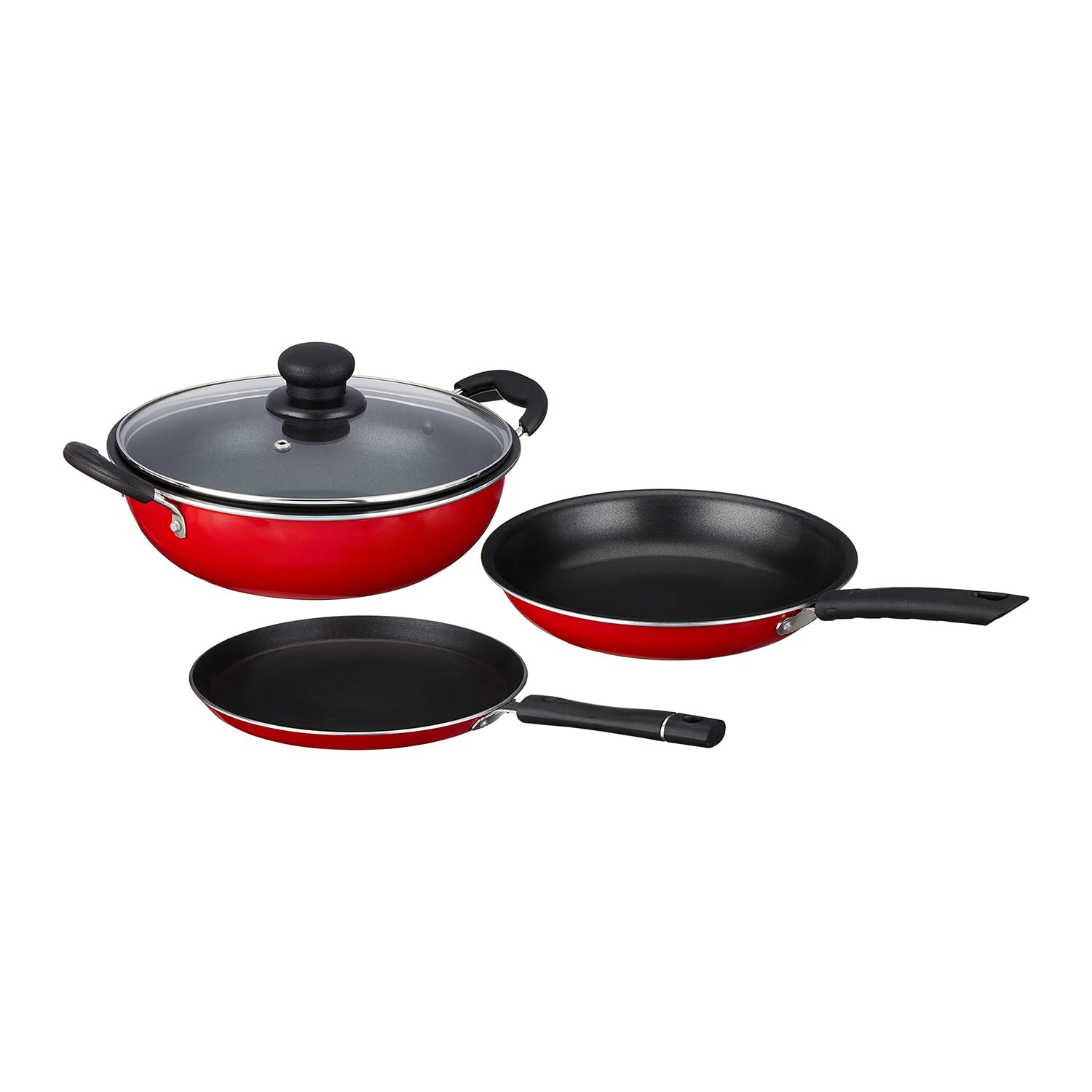 Amazon Brand - Solimo 3 Pcs Non Stick Cookware Sets, Tawa 25 Cm, Kadhai 24 Cm With Glass Lid, Fry Pan 24 Cm (Red) Aluminium