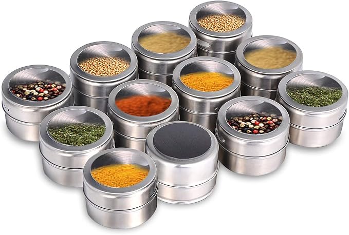Getzet 12 Pcs Magnetic Spice Tins Seasoning Organizer  Kitchen Essentials Stainless Steel Spice, Condiment, Masala Storage Cont