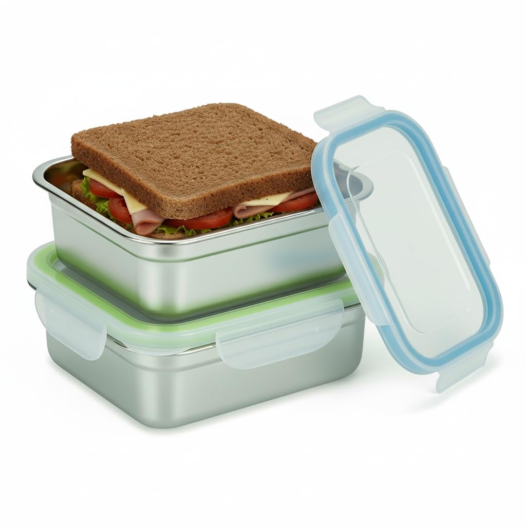 Set of 2 Stainless Steel Sandwich Containers - Food Grade Metal Base with a BPA Free Leakproof & Airtight Silicone Seal Lid. Gre