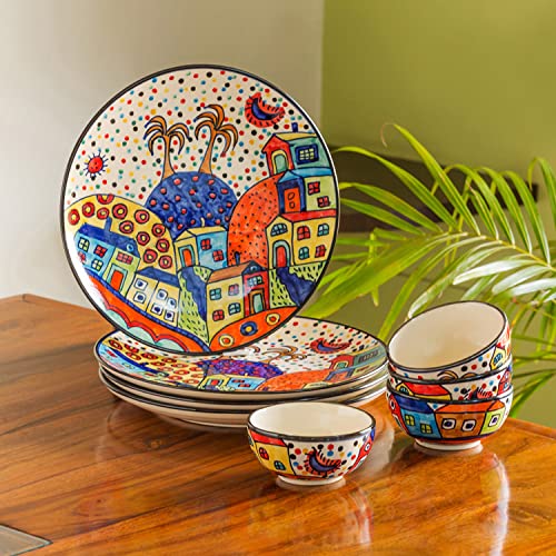 Exclusivelane Hut Dining Handpainted Ceramic Dinner Set Ceramic Plates For Dinner Plates With Ceramic Bowls Katoris (8 Pieces,