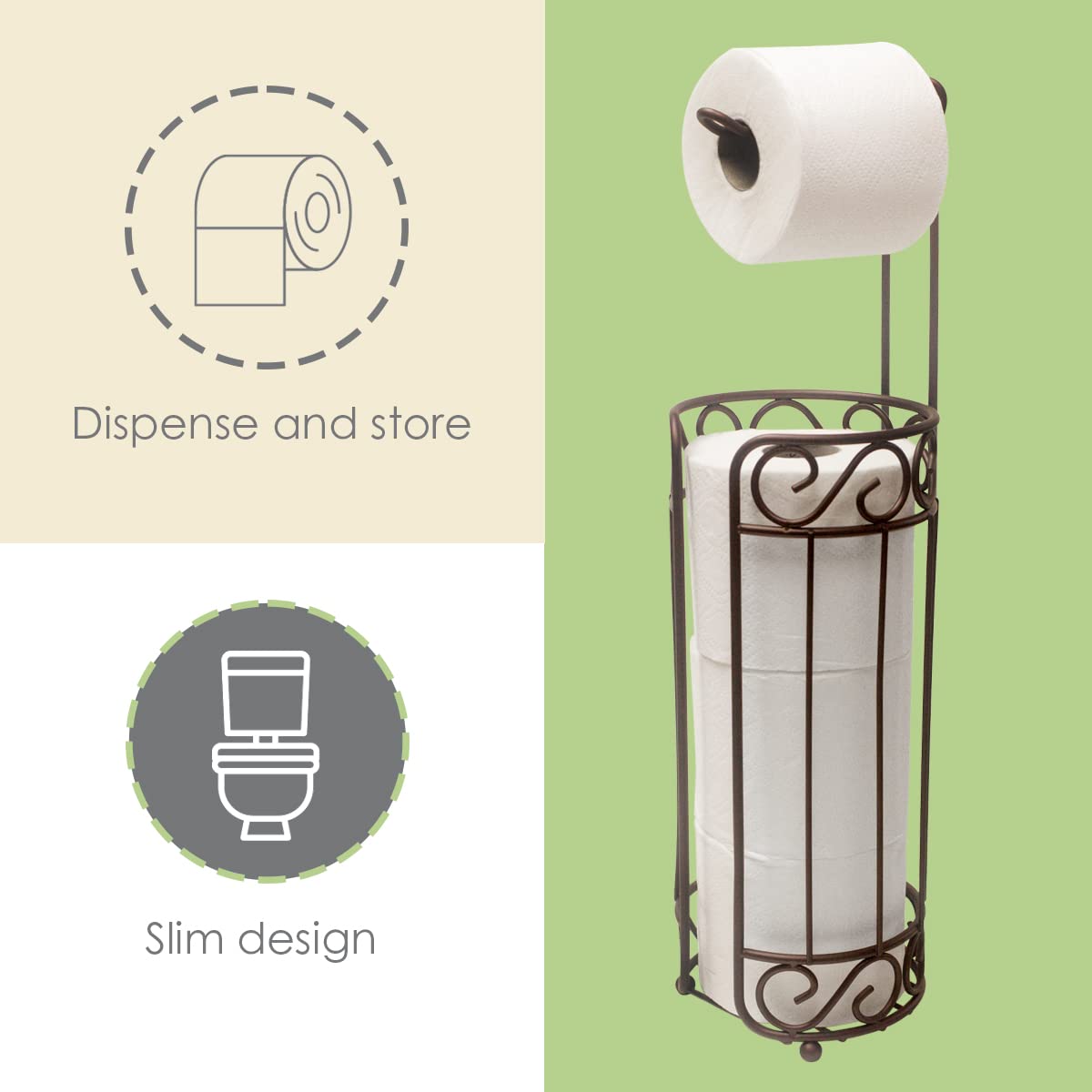 Home Basics Scroll Design Dispensing Toilet Paper Holder Stand, (Bronze) Steel Free-Standing Holder | Bathroom Toilet Paper Hold
