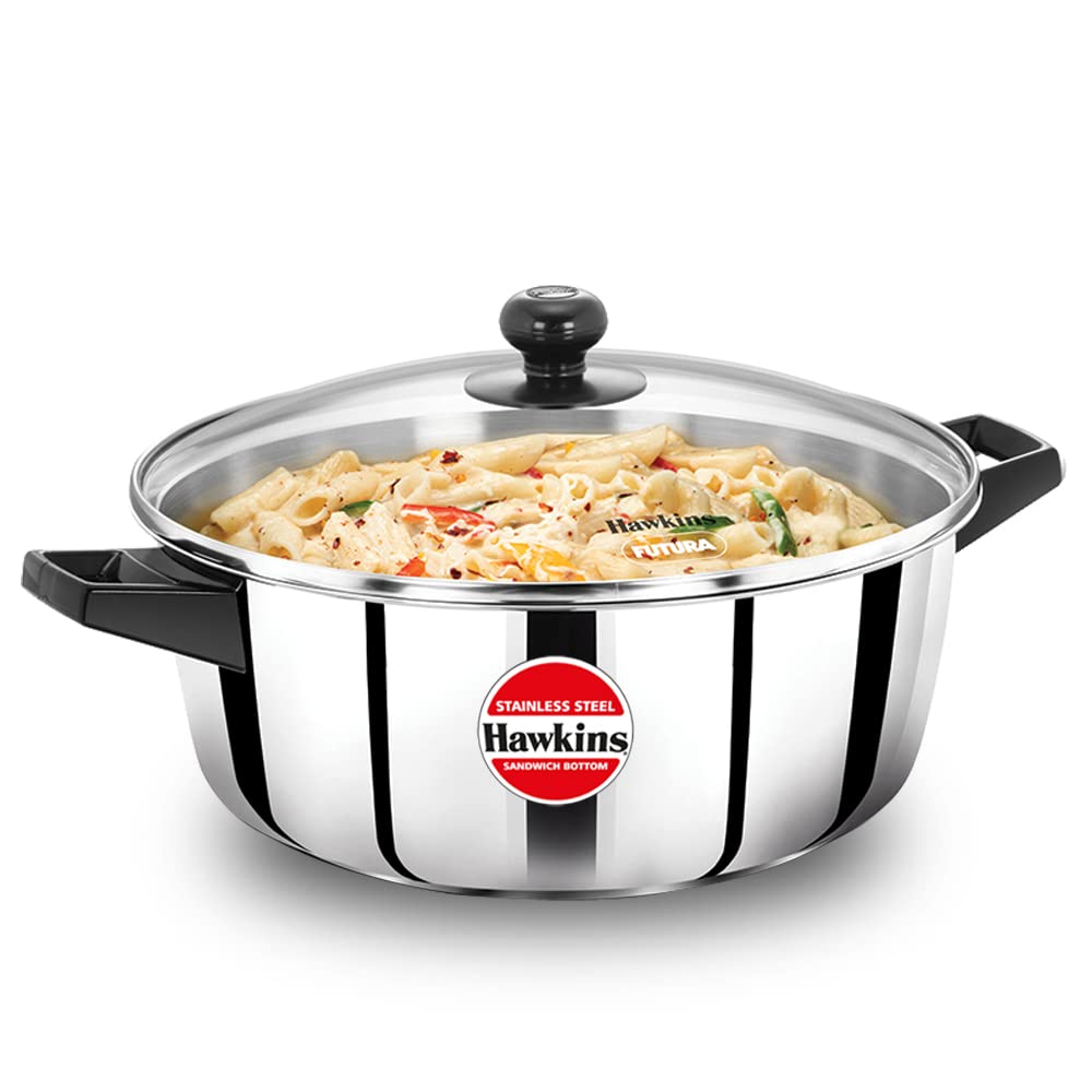Hawkins 5 Litre Cook N Serve Casserole, Stainless Steel Saucepan With Glass Lid, Induction Pan, Sauce Pan For Cooking And Servin
