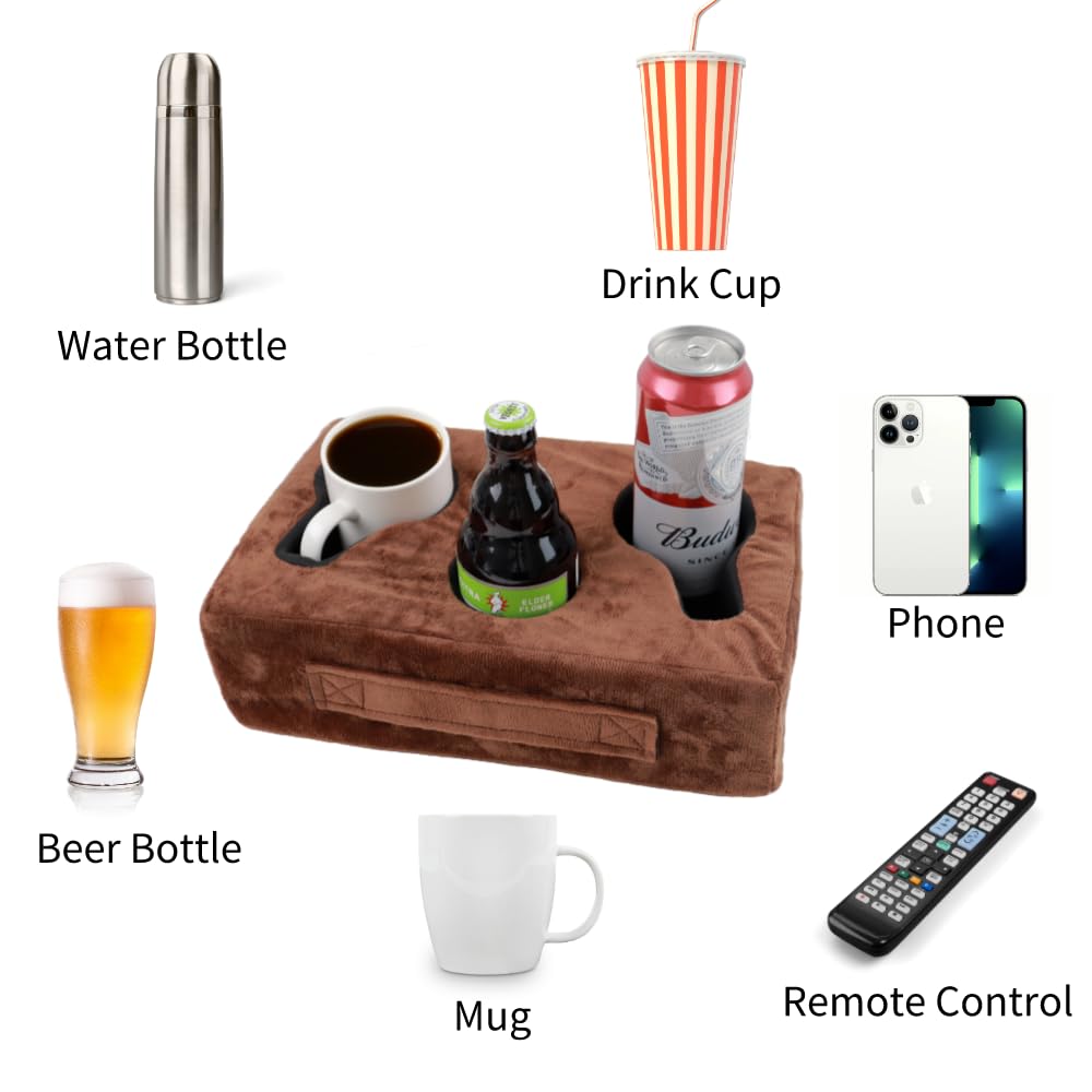 Sofa Cup Holder, Couch Cup Holder Pillow, Sofa Arm Table, Sofa And Bed Drink Caddy, Remotes Holder For Rv, Car, Beach(Brown)