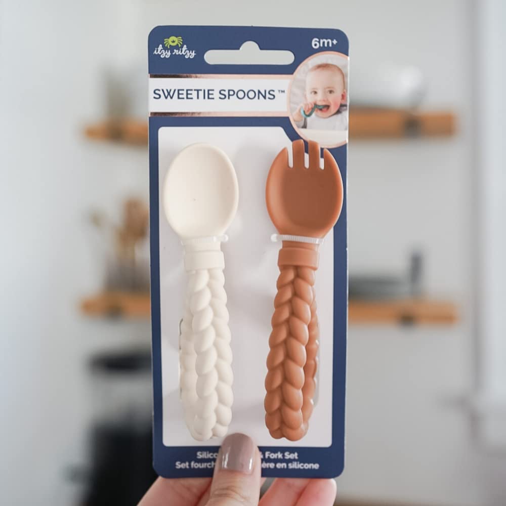 Itzy Ritzy Silicone Spoon & Fork Set; Baby Utensil Set Features A Fork and Spoon with Looped, Braided Handles; Made of 100% Food
