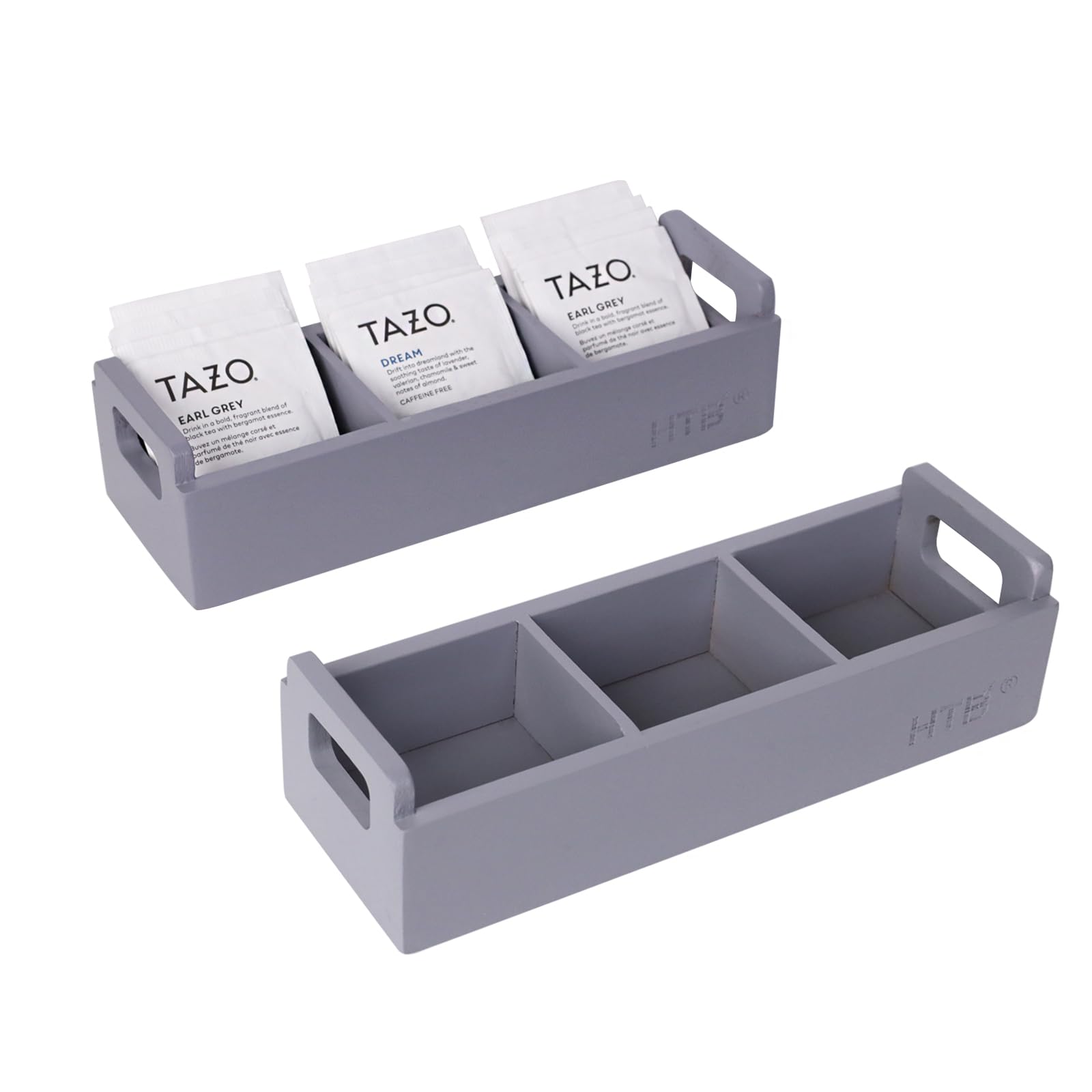 Slim Tea Bag Organizer 2Pcs By Htb, Grey 3 Compartments Tea Box Wooden With Handle For Small Space, Wood Tea Organizer For Tea B