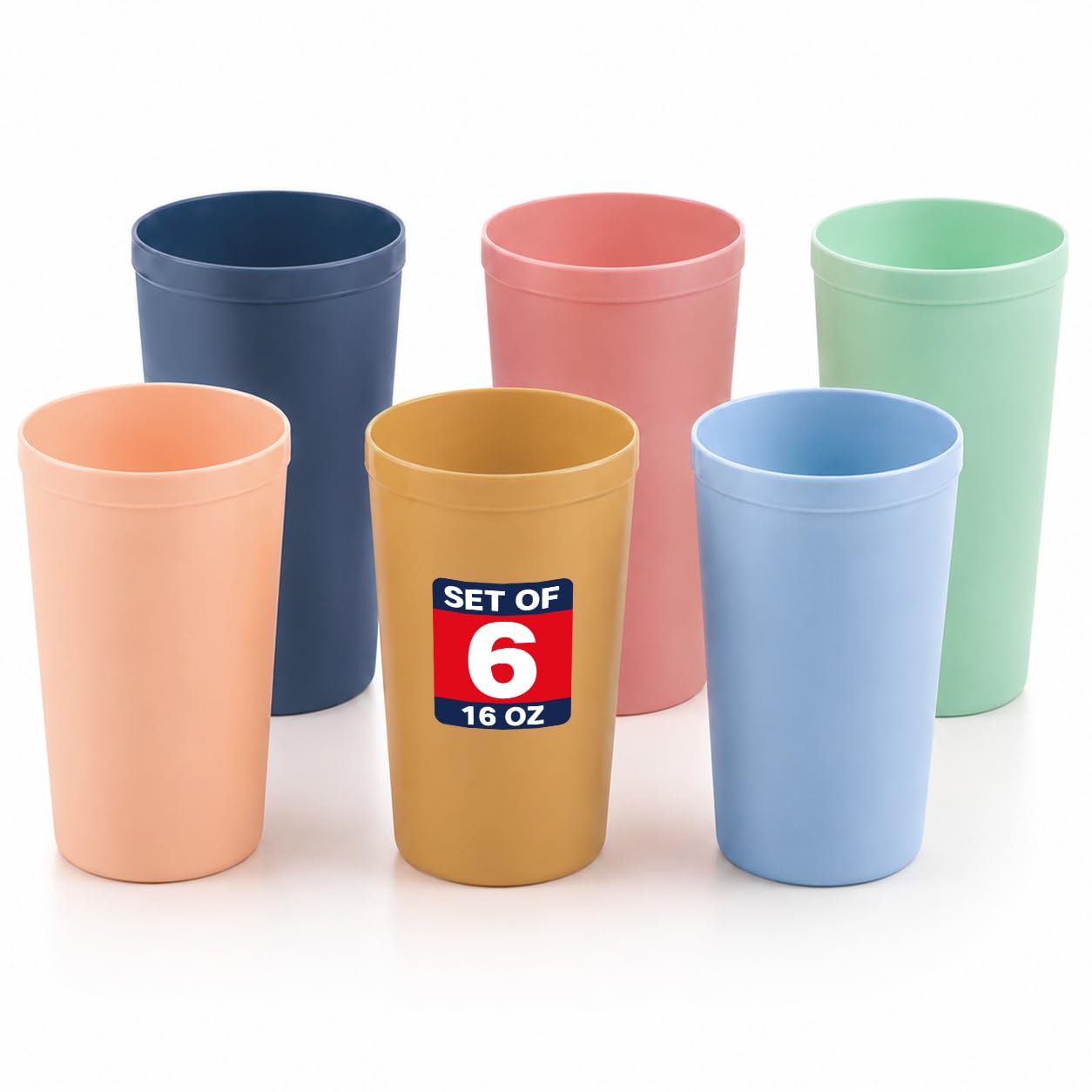 Reusable Plastic Cups 16 oz Set of 6, BPAFree Tumblers for Everyday Use