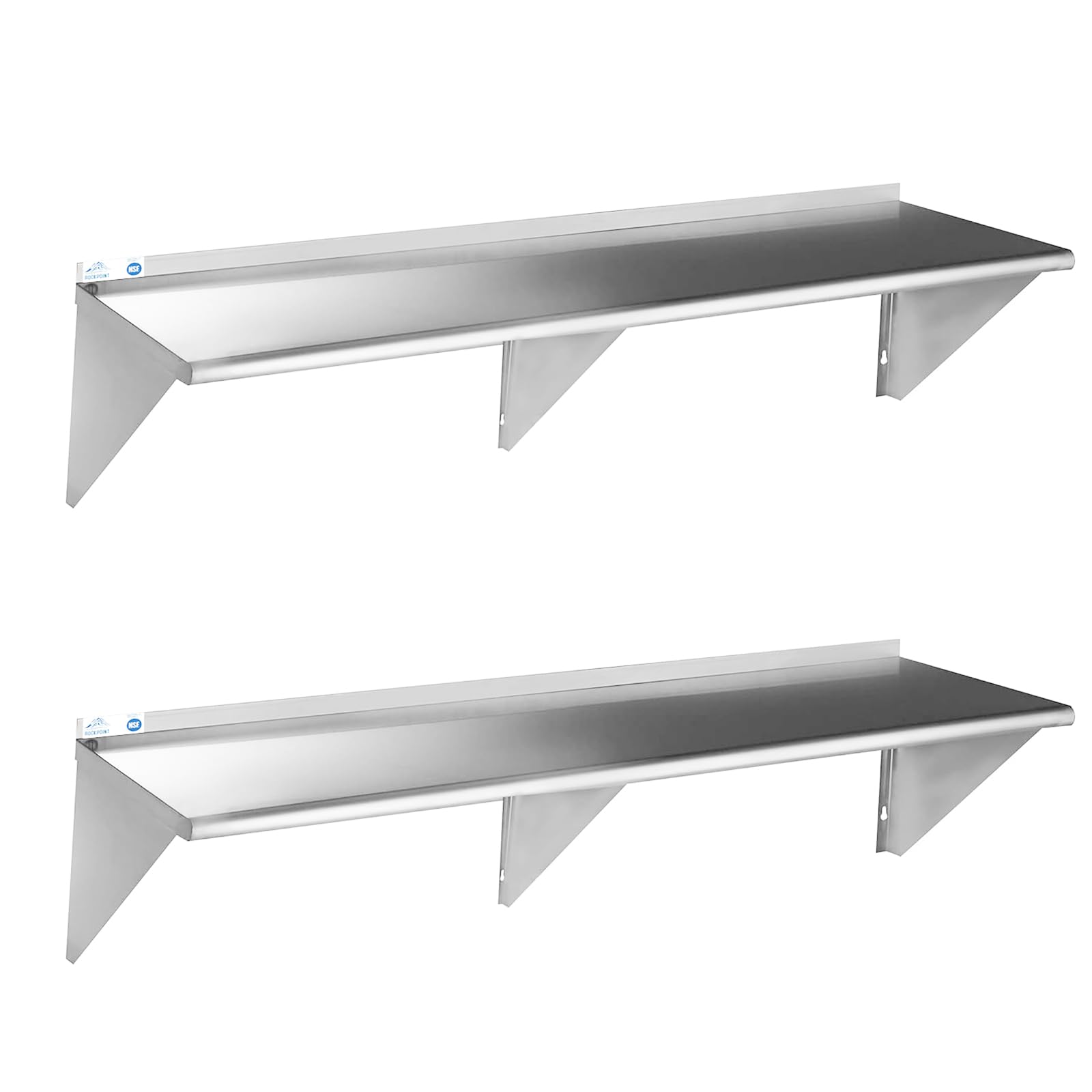 ROCKPOINT Stainless Steel Shelf 12 x 72 Inches 450lb, 2 Pack NSF Commercial Wall Mount Floating Shelving with Backsplash for Res