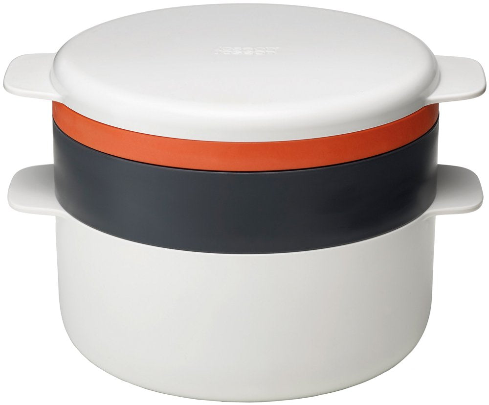 Joseph Joseph M-Cuisine Microwave 4-Piece Stackable Cooking Set, 2 Liter Cooking Pot, Steamer, Griddle And Lid, Orange/Beige