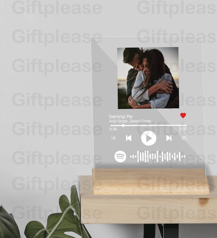 Giftplease Customized Photo And Tabletop Song Glass Spotify Plaque With Wooden Stand|Personalized Rectangular Photo Music Frame