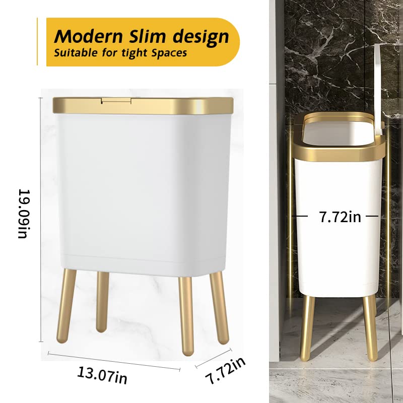 Procade Bathroom Trash Can With Lid, Plastic Garbage Can With Lid, 4 Gal Gold Trash Bin With Push Button, Narrow White Trash Can