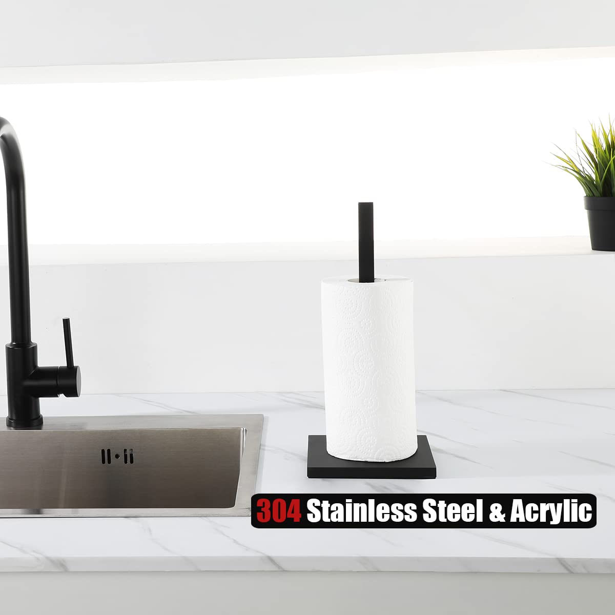 Jqk Paper Towel Holder Stand Black, 304 Stainless Steel Kitchen Free Standing Countertop Paper Towel Dispenser Fits Standard And