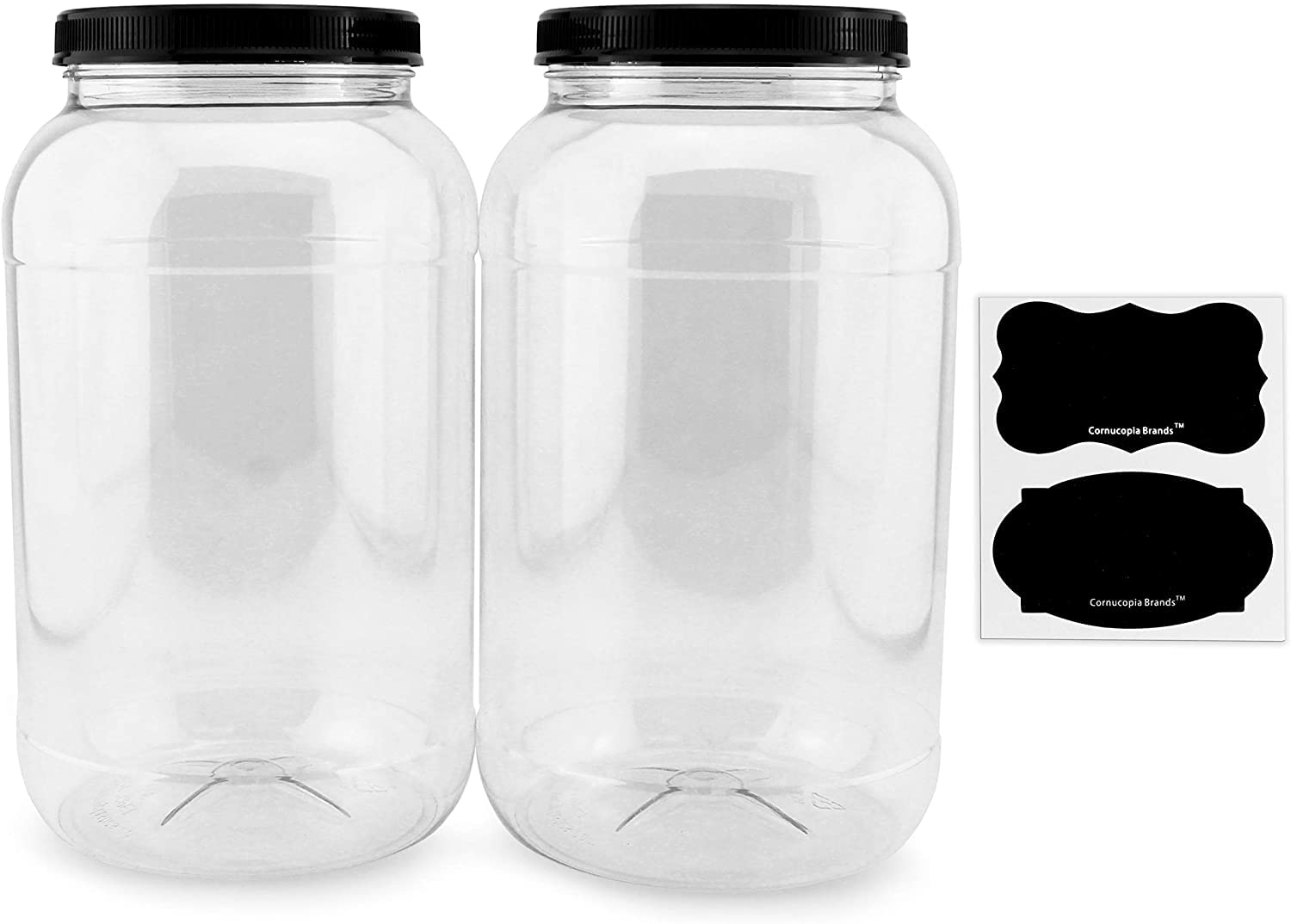 Cornucopia Gallon Plastic Jars (2-Pack); Clear Round Containers with Black Ribbed Lids, BPA-Free 4-Quart Large Size