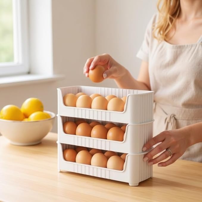 3 Layer Egg Storage Container, White Plastic Stackable Organizer, 30 Eggs Capacity, Kitchen Organization, Pack Of 3