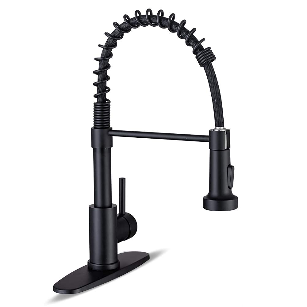 WEWE Kitchen Faucets with Pull Down Sprayer Commercial Industrial Stainless Steel Single Handle Single Hole Spring Farmhouse RV Sink Faucet  Matte Black