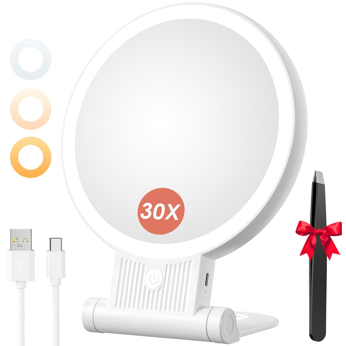 Auxmir 1X/ 30X Magnifying Mirror With Light, Double Sided Makeup Mirror With Adjustable Folding Handle, Lighted Vanity Mirror Wi
