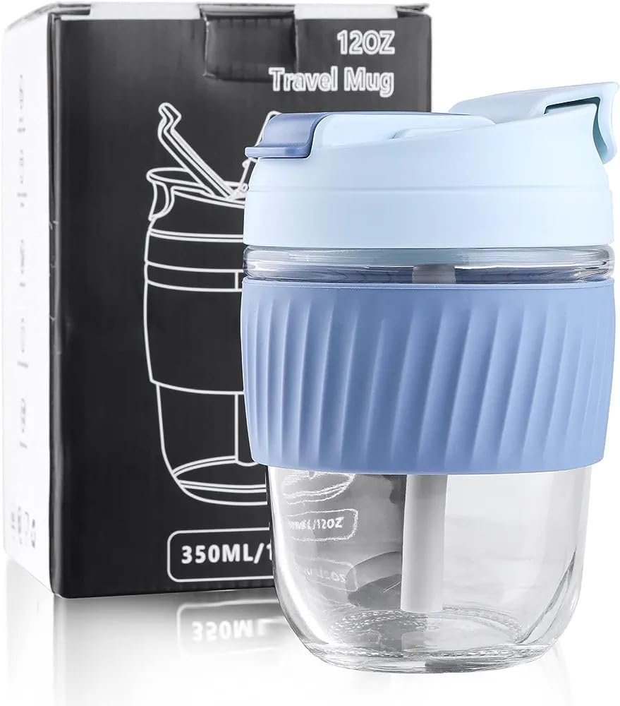 Hejisun Leak Proof Glass Travel Coffee And Juice Mug With Lid & Straw, AntiSlip Silicone Band, LeakProof Travel Cup Sipper Bot