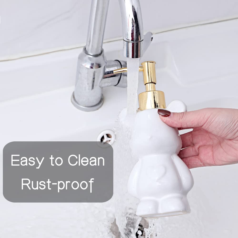 Small Bathroom Soap Dispenser With Pump, Cute Bear-Shaped Design, Ceramic Liquid Soap Dispenser (White)
