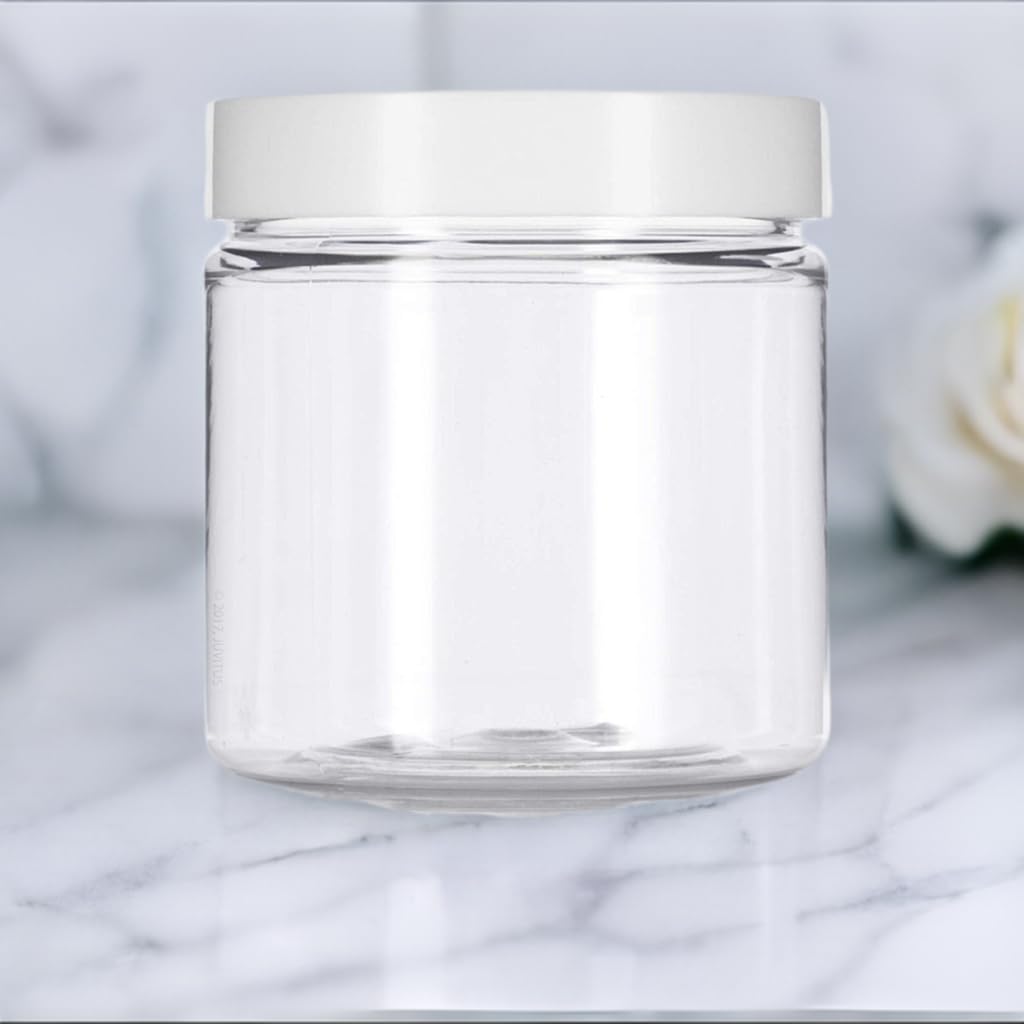 Juvitus 8 Oz Clear Pet Plastic Jar With White Smooth Lid (8 Pack) + Spatulas