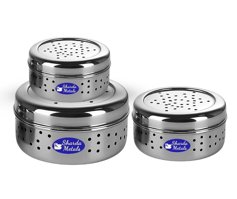 Sharda Metals Set Of 3 Stainless Steel Food Snacks Storage Box Containers Coriander, Kothmir Dabbas