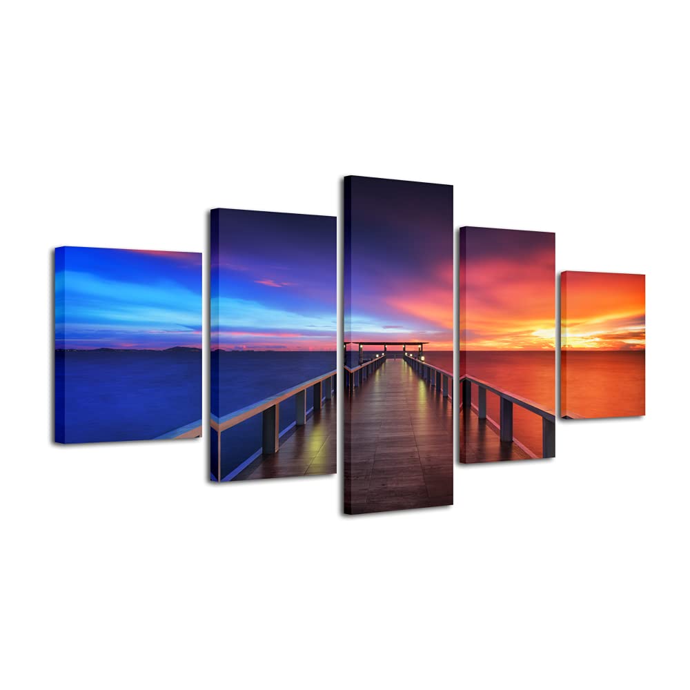 Pyradecor Sunset Bridge Large Modern 5 Piece Gallery Wrapped Seascape Artwork Giclee Canvas Prints Red And Blue Landscape Pictur