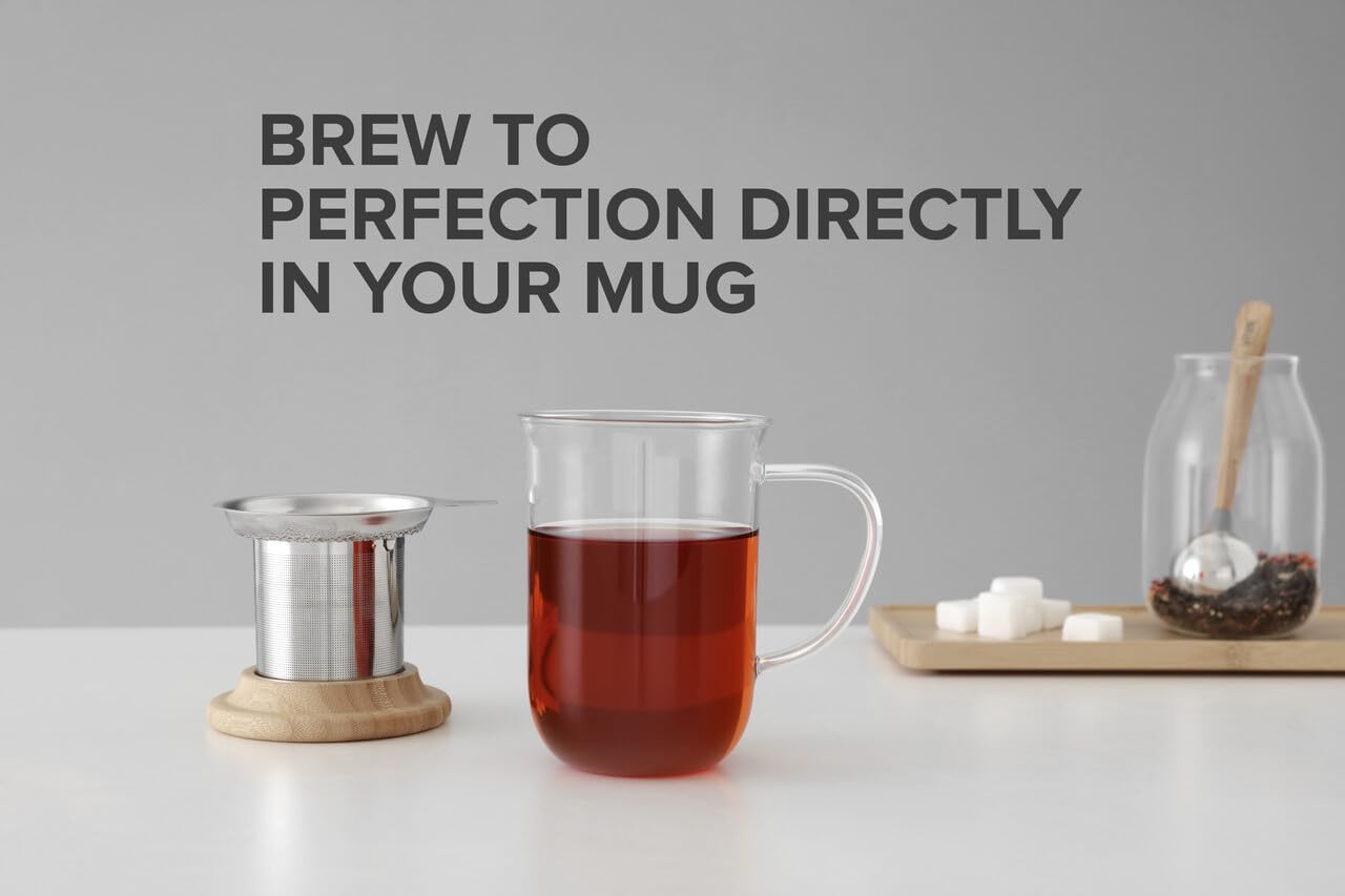 Viva Minima Eva Glass Tea Cup With Mesh Infuser - Coffee Mug With Porcelain Lid/Saucer - 14 Oz / 400 Ml, Wool