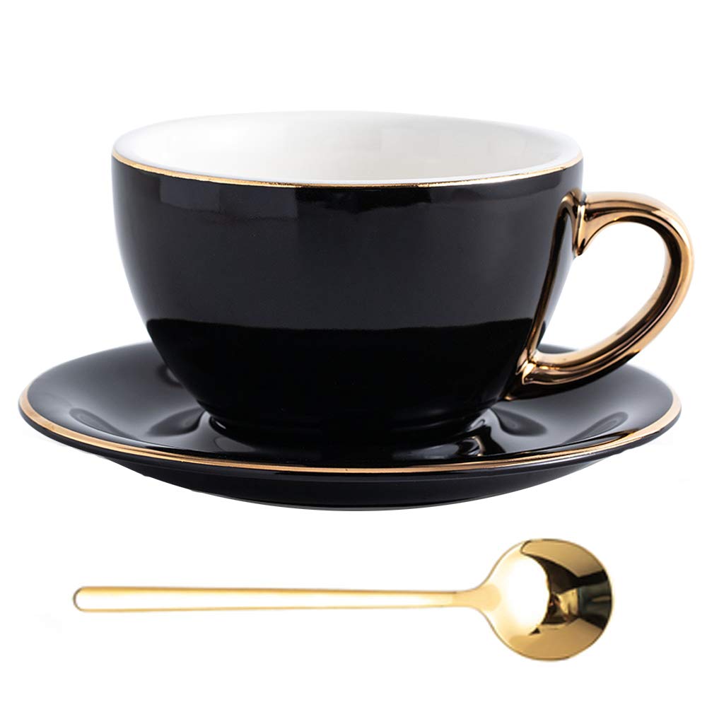 Coffeezone Luxury Gold 10 Oz Ceramic Latte Art Cappuccino Barista Cup With Saucer (Cool Black)